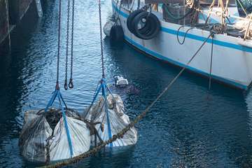 El Cabildo extrae 25 grandes sacas de plásticos y cabos, neumáticos y carros de la compra de los fondos del muelle de Taliarte/TA.